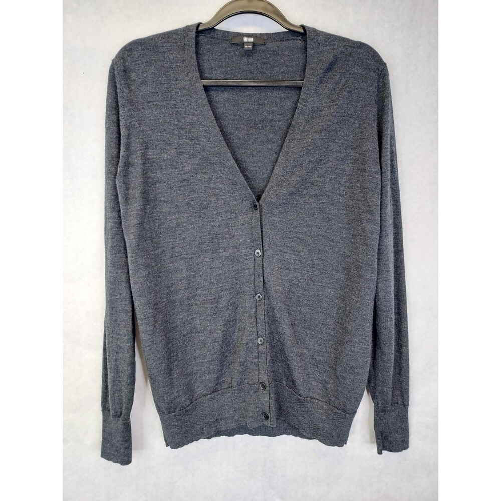 Uniqlo Lightweight Cardigan Sweater Women's XL Grey 100% Wool Basic Minimalist